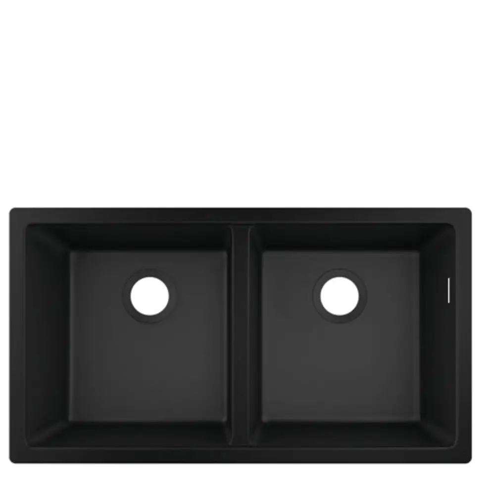 Zweischaliger Unterbauspüle in Graphitschwarz. Die Spüle hat zwei identische Becken mit runden Abflusslöchern. Produkt von Hansgrohe.